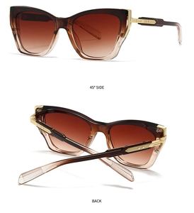 Detail view of tortoiseshell sunglasses featuring golden metal accents and gradient lenses