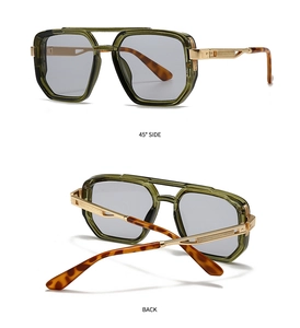 Detail view showing the 45-degree side and back of olive green double-bridge sunglasses