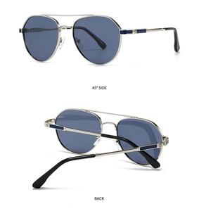 Macro view of aviator sunglasses with silver metal double bridge and blue screw details