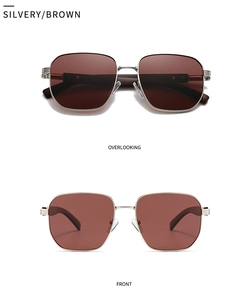 Detailed front and overlooking views of silver square frame sunglasses with brown lenses