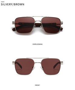Macro view of silver square sunglasses with brown lenses and dark wood grain temples