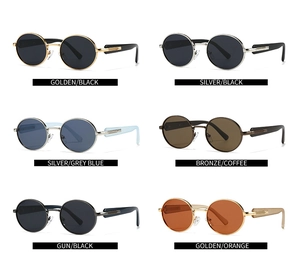 Collage of retro round polarized sunglasses in six different metal frame and lens colors