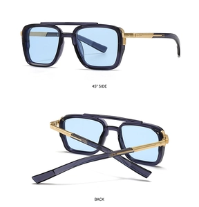 Detail view of square aviator sunglasses with purple acetate frames and gold double bridge