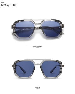 Gray blue translucent frame sunglasses with retro double bridge and marbled texture details