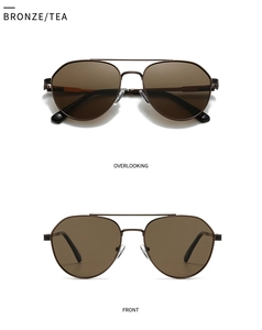 Front and top view of bronze aviator sunglasses with polarized tea lenses and double bridge