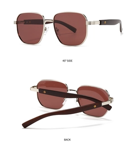 Detail view showing silver metal square frames, brown lenses, and wooden textured temples