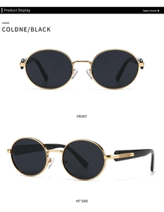 Detailed front and 45-degree side views of round gold metal sunglasses with black lenses