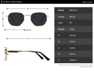 Size chart and technical specifications for polygonal metal polarized sunglasses