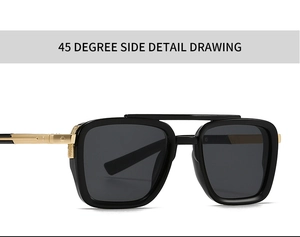 Detailed 45-degree side view of black square aviator sunglasses with gold textured temples