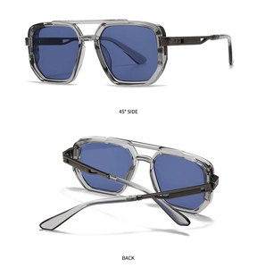 Dual-beam square sunglasses detail showing 45-degree side and back view angles
