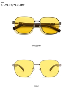 Top and front view of retro square sunglasses with silver frame and yellow lenses