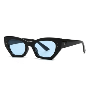 Lunettes de soleil œil-de-chat noires modernes avec verres bleu clair et détails