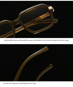 Detail of square olive green glasses frame with gold metal hinges and CE marking