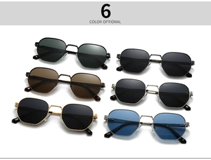 Detailed view of six color options for hexagonal metal frame polarized sunglasses