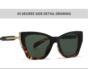 45-degree detail of tortoise shell aviator sunglasses with gold metal hinges