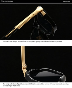 Detail view of high-quality hinges and golden metal temples on square aviator sunglasses