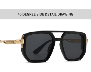 Detail view of square aviator sunglasses with gold metal hollow temples and black frame