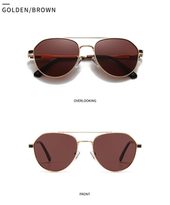 Detailed front and top views of aviator sunglasses with golden metal frame and brown lenses