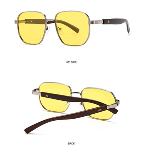 Macro detail of square polarized sunglasses with wood grain temples and metal accents