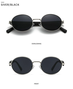 Front and top view of retro oval polarized sunglasses with silver metal frame and black lens
