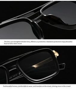 Detailed macro view of black square pilot sunglasses with metallic gold hinges and CE marking