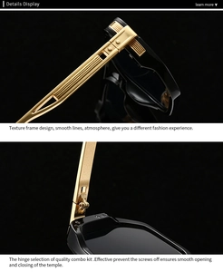 Detailed macro view of golden textured metal temples and reinforced hinge on black sunglasses