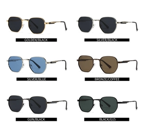 Multiple color options of polygonal metal frame polarized sunglasses in 2x3 grid
