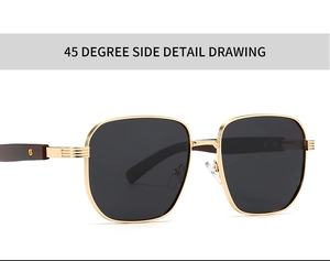 Close-up of square metal frame sunglasses with wooden arms and rivet details