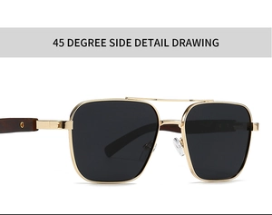 45-degree side view of square polarized sunglasses with gold metal frame and wooden temples