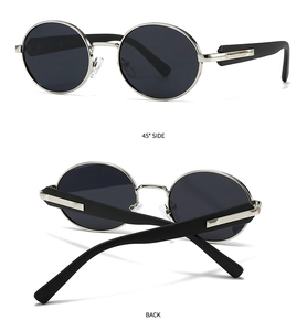 Detail of vintage round polarized sunglasses showing 45-degree side and back folding view