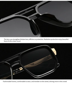 Close-up of golden metal hinges and reinforced nose pads on black square sunglasses