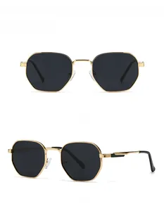 Front and 45-degree side views of retro hexagonal polarized sunglasses with gold frames