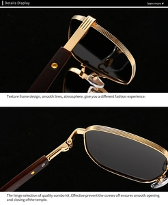Detailed view of luxury gold alloy frame with wood grain temples and sturdy metal hinges