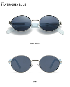 Front and top view of round silver metal sunglasses with grey blue polarized lenses