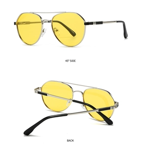 Detail view of silver aviator sunglasses with yellow lenses from 45 degree side and back angles