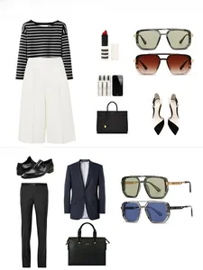 Fashion mood board featuring geometric aviator sunglasses with stylish outfit pairings
