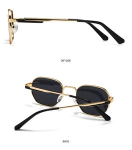 Side and back view of polygon gold metal sunglasses with polarized black lenses