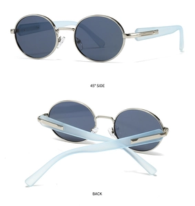 Dual views of round vintage sunglasses with silver metal frames and blue frosted arms