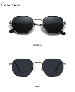 Dual view of silver geometric sunglasses with dark lenses and durable metal frame