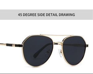Detail view of gold metal aviator sunglasses with polarized lenses and dual bridge design