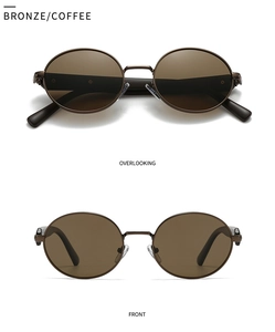 Front and top view of bronze round sunglasses with coffee lenses and metal frames