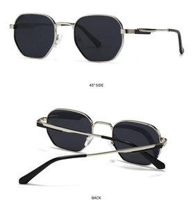 Detailed side and back views of metallic polygonal polarized sunglasses with silver frames