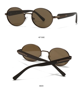 Detail view showing the 45-degree side and back of retro round metal sunglasses