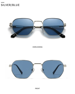 Close-up of silver metal polygonal sunglasses with blue lenses from front and top views