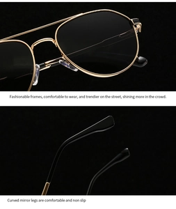 Close-up of golden aviator sunglasses showing dual-bridge metal frame and non-slip legs