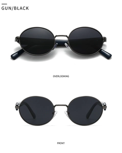 Front and top view of retro round polarized sunglasses with gun-black metal frame