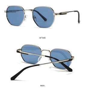 Dual view of hexagonal silver metal sunglasses with blue transparent lenses