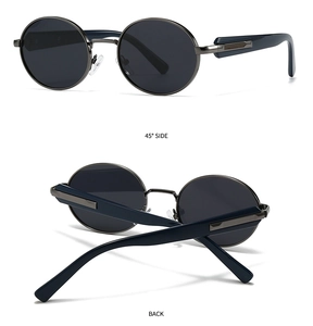 Detail view of round polarized sunglasses with gunmetal frame and blue temples