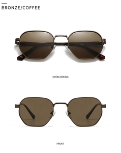 Detailed views of bronze metal geometric sunglasses with coffee lenses and frame dimensions