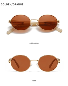 Front and top view of vintage round sunglasses with gold frames and orange lenses